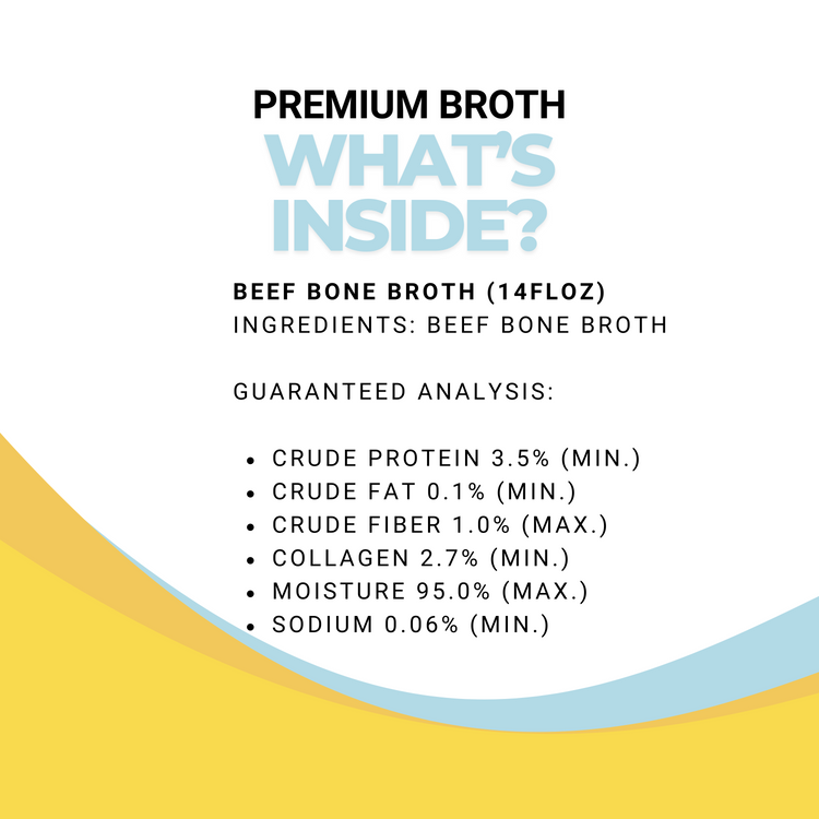 Product label for beef bone broth with ingredients and guaranteed analysis details.