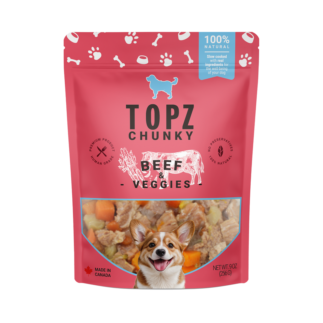 Topz Chunky Beef & Veggies dog food package on a white background
