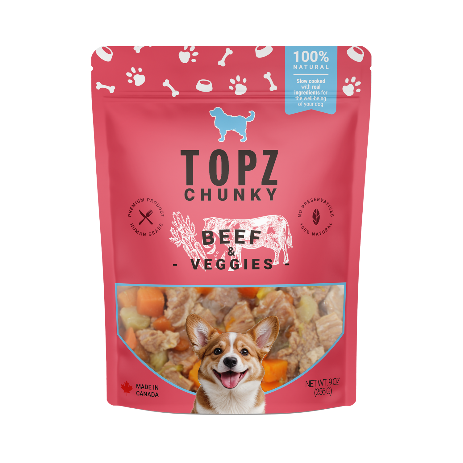 Topz Chunky Beef & Veggies dog food package on a white background