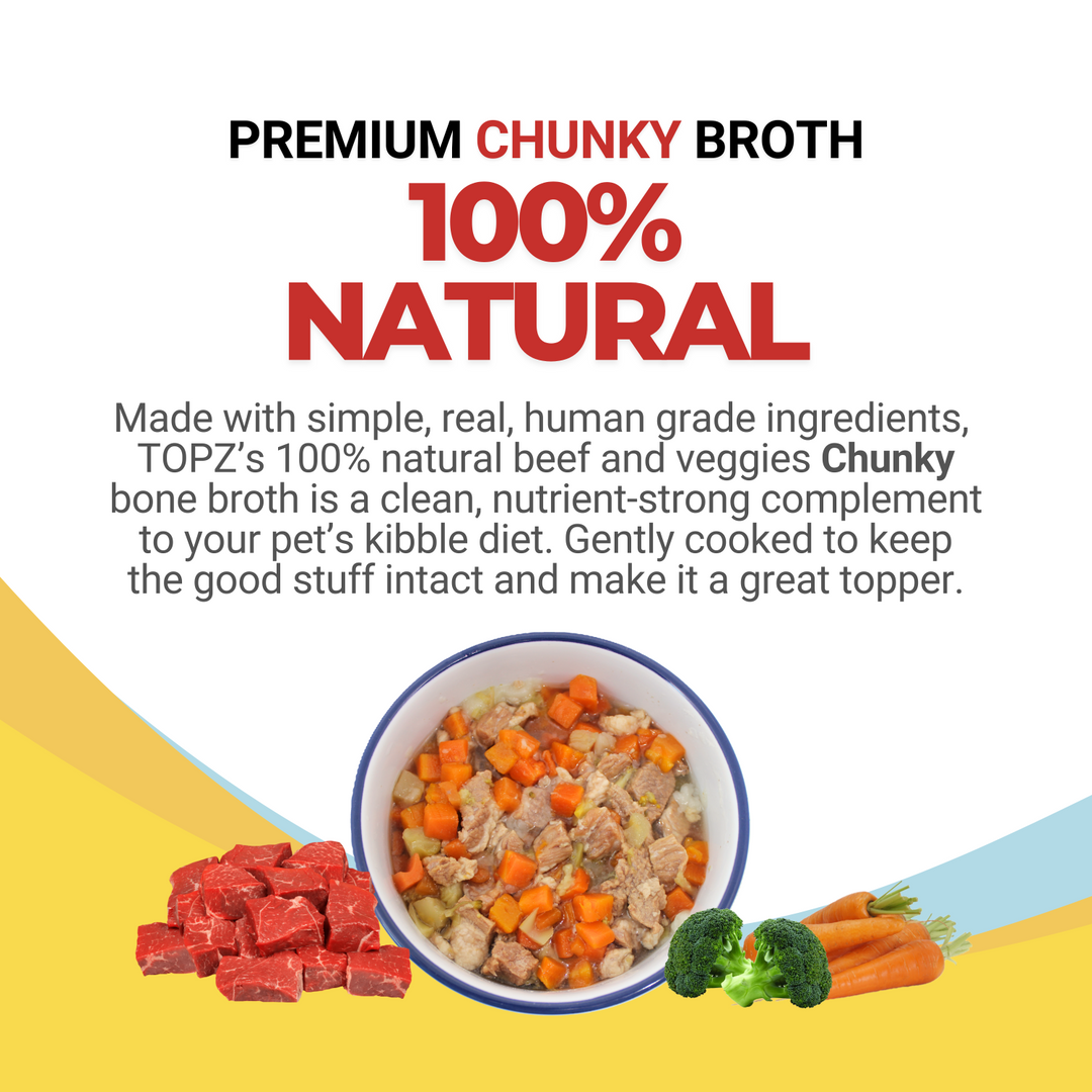 Advertisement for TOPZ's 100% natural beef bone broth with text and a bowl of broth on a white background.