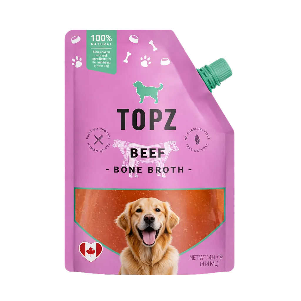 Pink pouch of TOPZ Beef Bone Broth for dogs on a black background