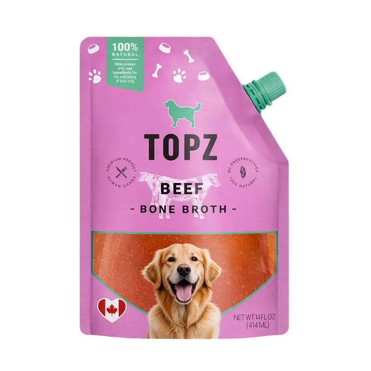 Pink pouch of TOPZ Beef Bone Broth for dogs on a black background