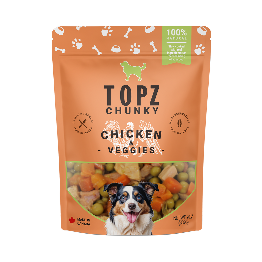 Topz Chunky Chicken & Veggies dog food package on a white background