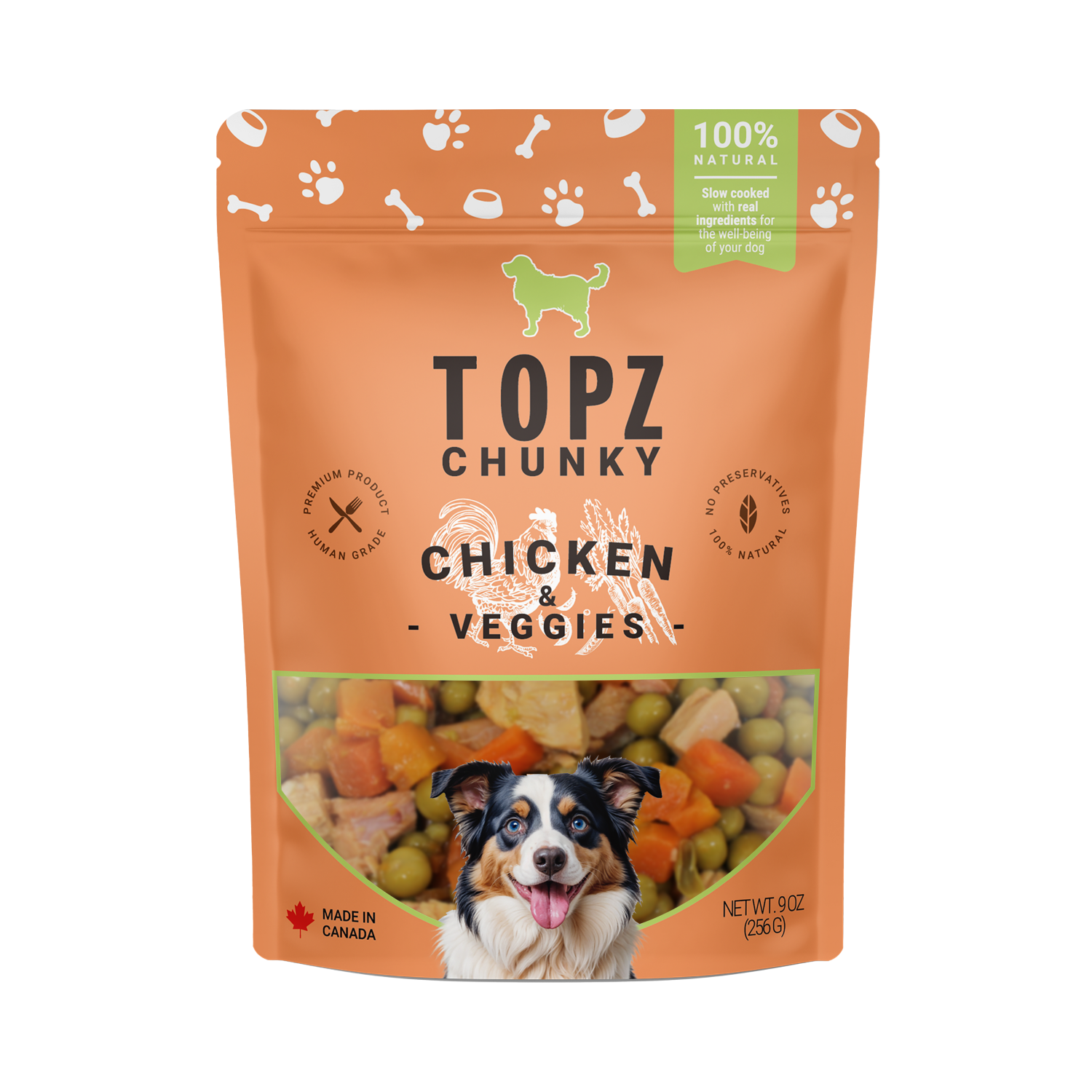 Topz Chunky Chicken & Veggies dog food package on a white background