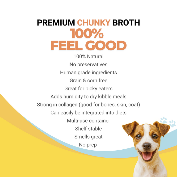Features for 'Premium Chunky Broth' with a dog on a yellow and white background