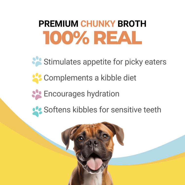 Details on 100% real for premium chunky broth with a dog on a colorful background