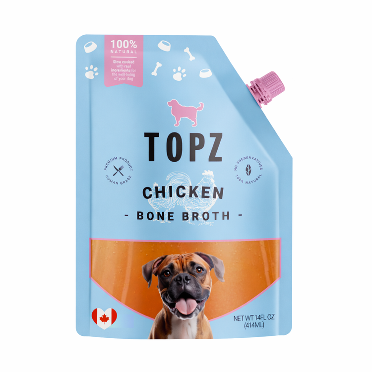 Topz Chicken Bone Broth pouch for dogs on a white background
