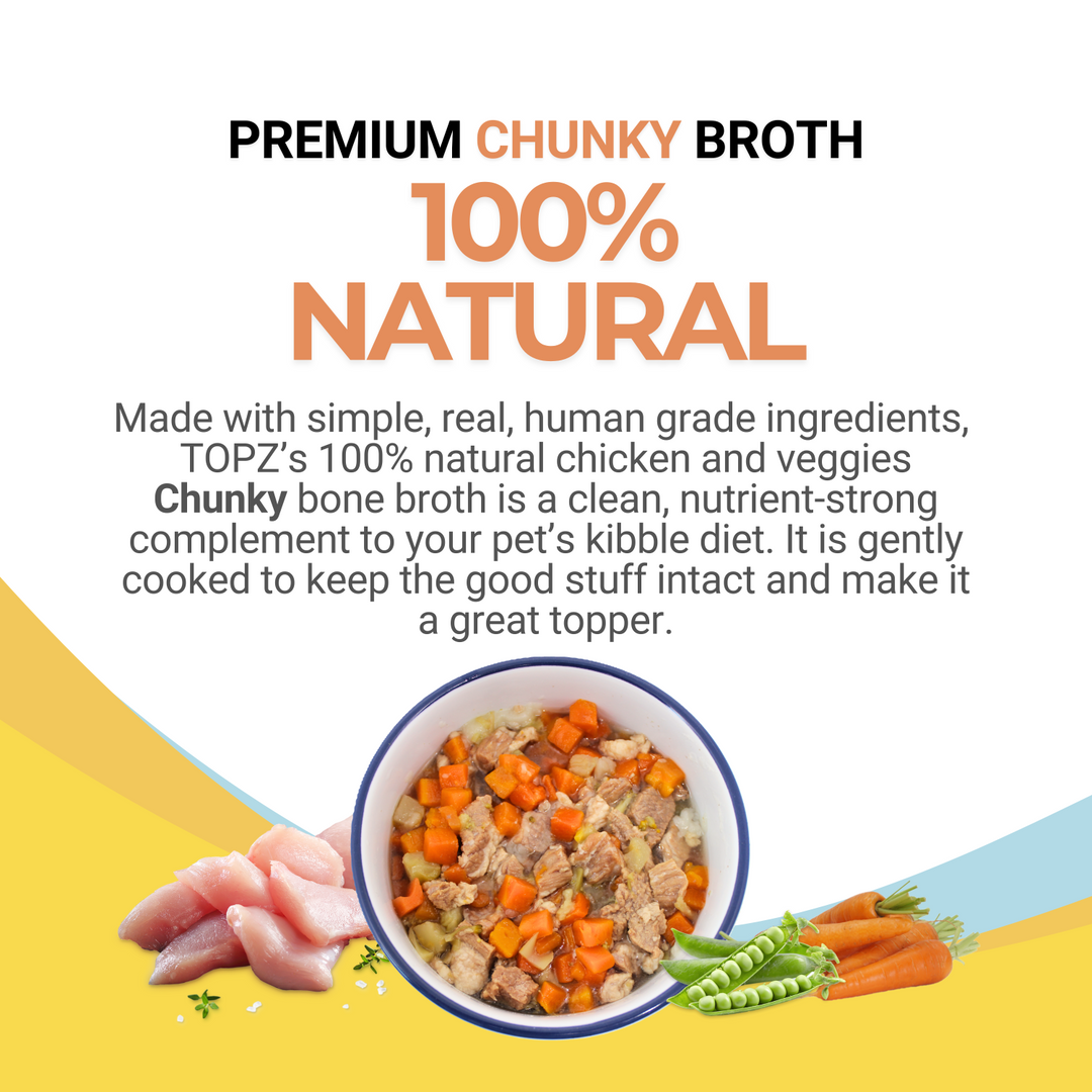 Details for TOPZ's premium chunky broth with ingredients and text on a colorful background and bowl