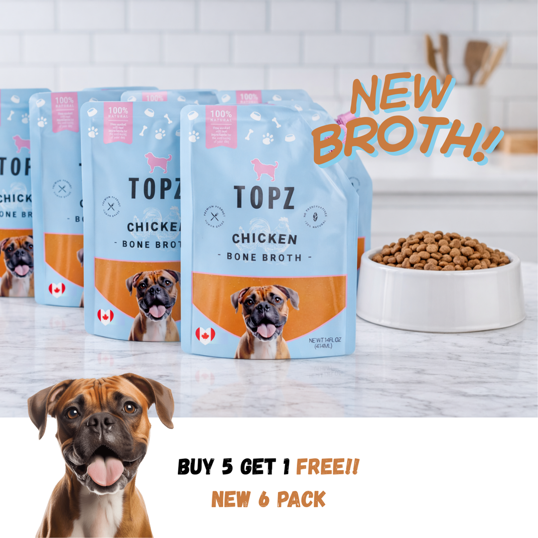 Topz Chicken Bone Broth dog food packages on a kitchen counter with promotional text.